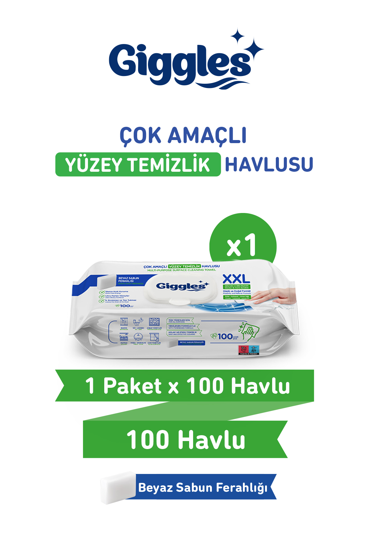 Giggles XXL İz Bırakmayan Yüzey Temizlik Havlusu - (Beyaz Sabun Ferahlığı) 100 Yaprak